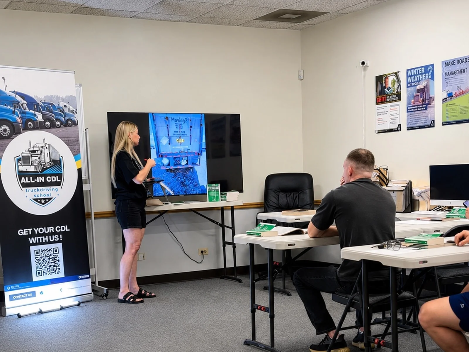 All-In CDL instructor teaching a live classroom session at the Des Plaines office