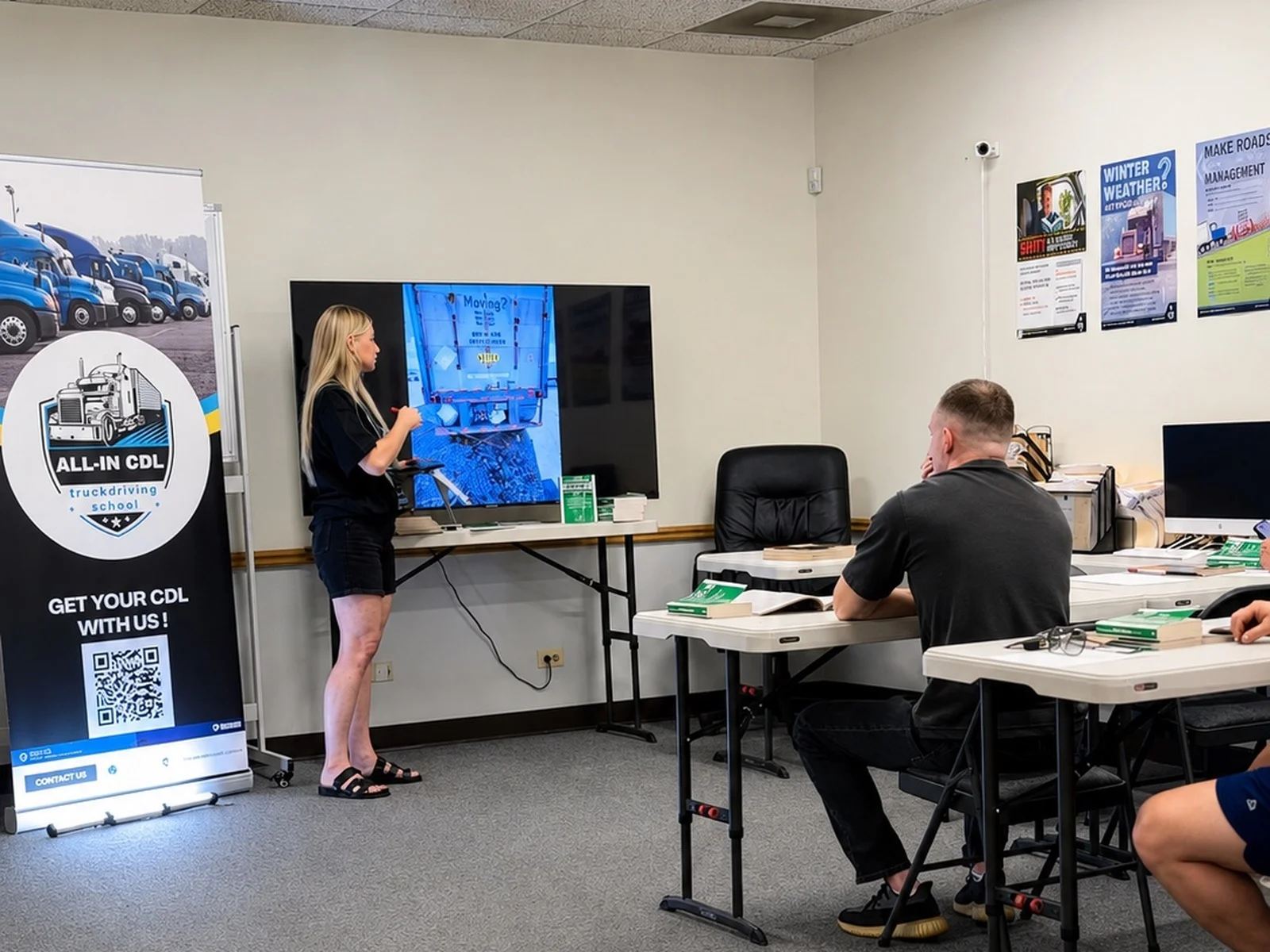All-In CDL instructor teaching a live classroom session to students at the Des Plaines office
