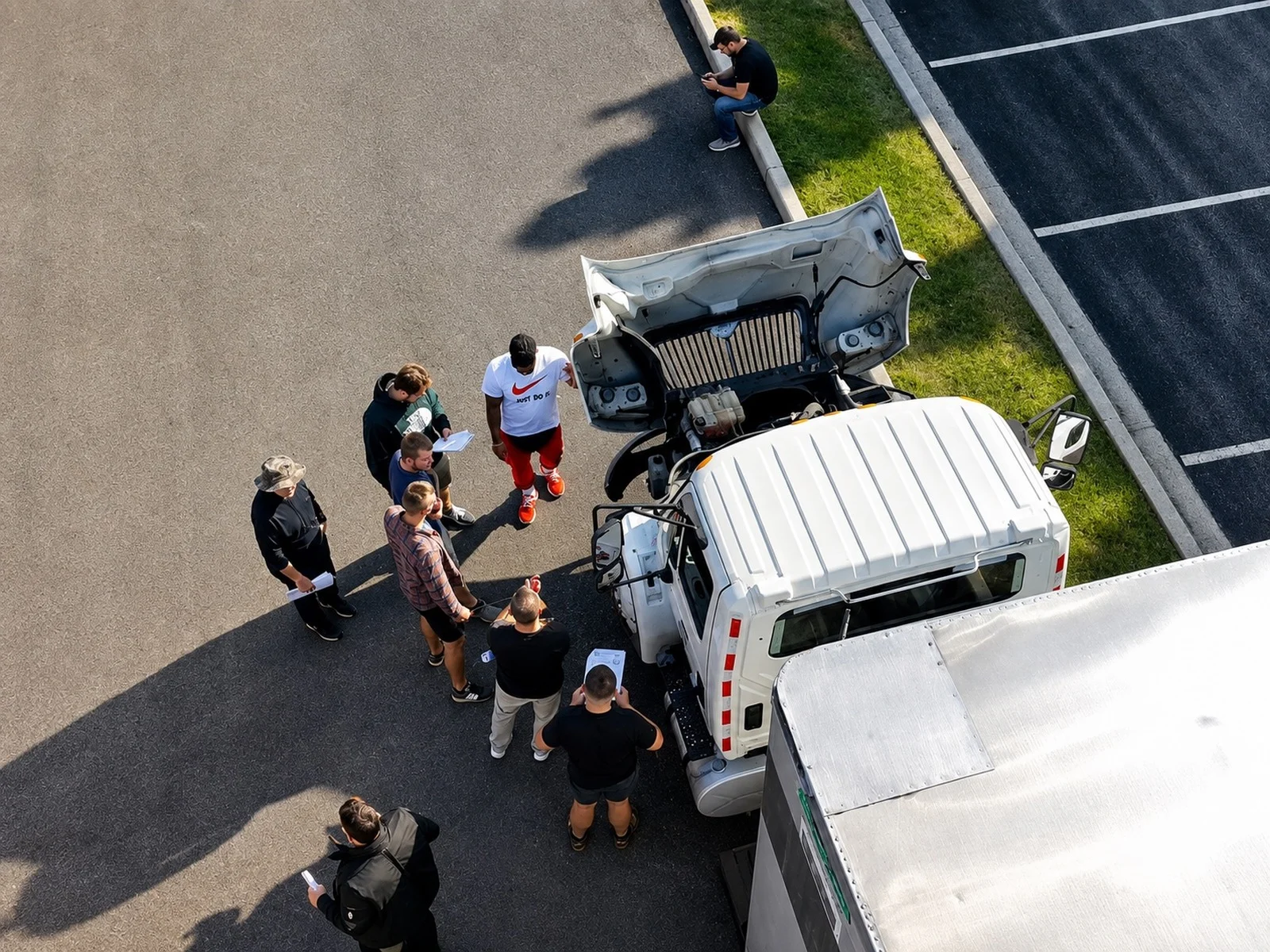 Aerial view of All-In CDL students and instructor gathered around a Class A truck for a pre-trip inspection briefing in the training yard
